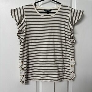 Lauren Ralph Lauren Shirt Womens‎ M Petite Stripe Lace Flutter Sleeve Preppy